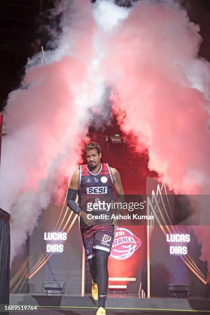 Lucas Dias of Sesi Franca Basquete is introduced before the game against G League Ignite during the 2023 FIBA Intercontinental Cup on September 23,...