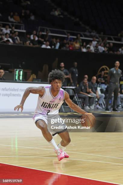 London Johnson of G League Ignite dribbles the ball against Sesi Franca Basquete during the 2023 FIBA Intercontinental Cup on September 23, 2023 at...