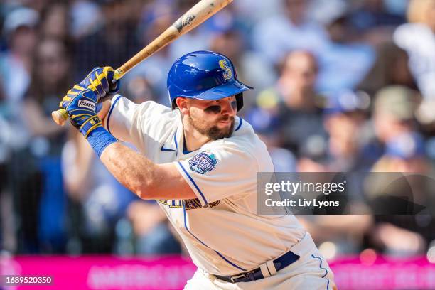 Cal Raleigh of the Seattle Mariners bats during the game between the Los Angeles Dodgers and the Seattle Mariners at T-Mobile Park on Sunday,...