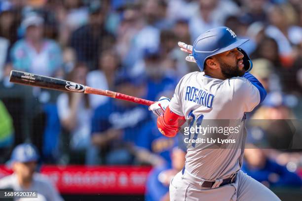 Amed Rosario of the Los Angeles Dodgers bats during the game between the Los Angeles Dodgers and the Seattle Mariners at T-Mobile Park on Sunday,...