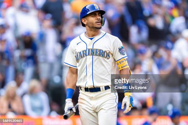 Julio Rodriguez of the Seattle Mariners reacts after striking out during the game between the Los Angeles Dodgers and the Seattle Mariners at...
