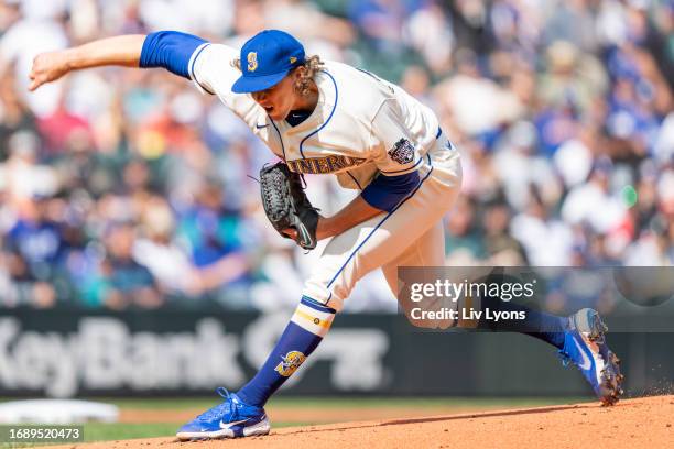 Logan Gilbert of the Seattle Mariners pitches during the game between the Los Angeles Dodgers and the Seattle Mariners at T-Mobile Park on Sunday,...