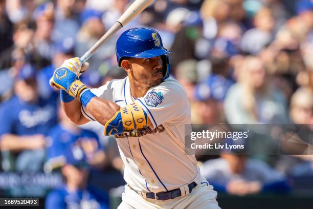 Julio Rodriguez of the Seattle Mariners bats during the game between the Los Angeles Dodgers and the Seattle Mariners at T-Mobile Park on Sunday,...