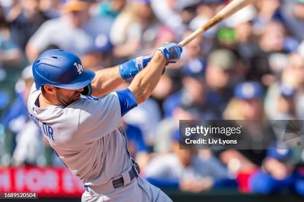 Chris Taylor of the Los Angeles Dodgers bats during the game between the Los Angeles Dodgers and the Seattle Mariners at T-Mobile Park on Sunday,...