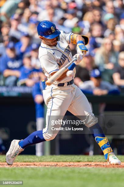 Julio Rodriguez of the Seattle Mariners bats during the game between the Los Angeles Dodgers and the Seattle Mariners at T-Mobile Park on Sunday,...