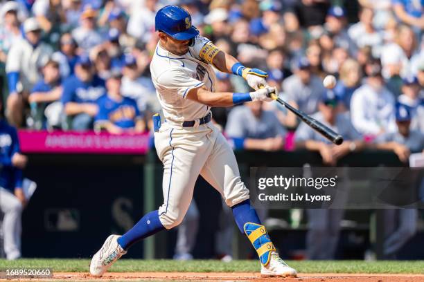 Julio Rodriguez of the Seattle Mariners hits the ball during the game between the Los Angeles Dodgers and the Seattle Mariners at T-Mobile Park on...