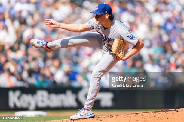 Shelby Miller of the Los Angeles Dodgers pitches during the game between the Los Angeles Dodgers and the Seattle Mariners at T-Mobile Park on Sunday,...