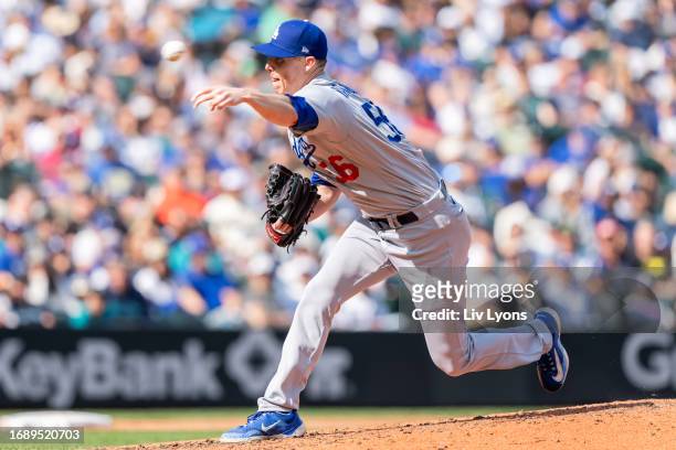 Ryan Yarbrough of the Los Angeles Dodgers pitches during the game between the Los Angeles Dodgers and the Seattle Mariners at T-Mobile Park on...