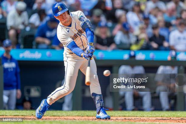 Dylan Moore of the Seattle Mariners bats during the game between the Los Angeles Dodgers and the Seattle Mariners at T-Mobile Park on Sunday,...