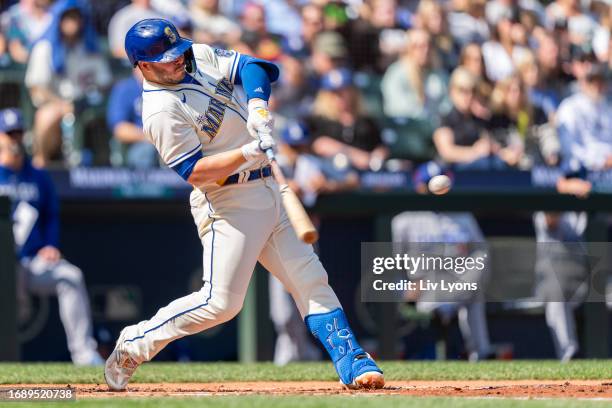 Ty France of the Seattle Mariners bats during the game between the Los Angeles Dodgers and the Seattle Mariners at T-Mobile Park on Sunday, September...