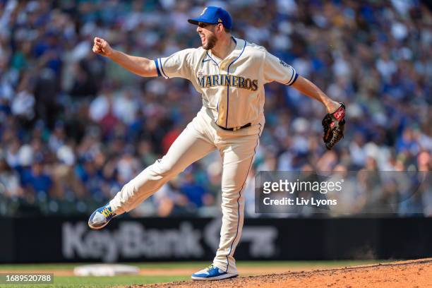 Dominic Leone of the Seattle Mariners pitches during the game between the Los Angeles Dodgers and the Seattle Mariners at T-Mobile Park on Sunday,...