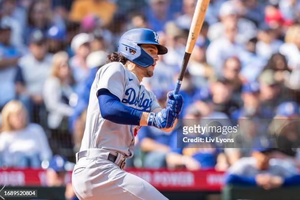 James Outman of the Los Angeles Dodgers bats during the game between the Los Angeles Dodgers and the Seattle Mariners at T-Mobile Park on Sunday,...