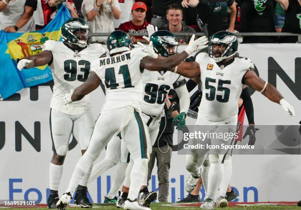 Philadelphia Eagles linebacker Nicholas Morrow makes a tackle win the end zone for a safety during the NFL Football match between the Tampa Bay...