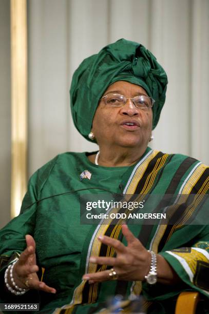 One of the three 2011 Nobel Peace Prize laureates Liberian President Ellen Johnson Sirleaf speaks during a press conference on the eve of the prize...