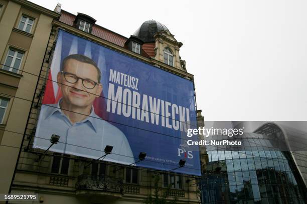 Campaign poster of Mateusz Morawiecki in the city where he runs from the first place on the electoral list of Law and Justice on September 23, 2023...