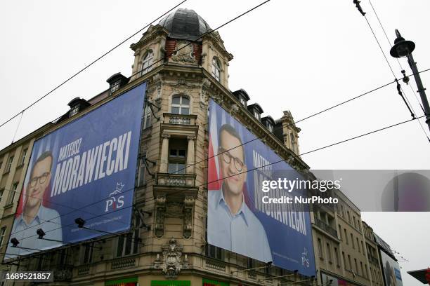 Campaign poster of Mateusz Morawiecki in the city where he runs from the first place on the electoral list of Law and Justice on September 23, 2023...