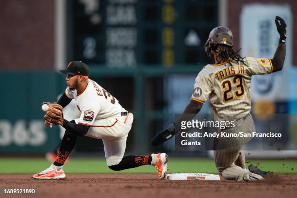 Thairo Estrada of the San Francisco Giants in a game against the San Diego Padres at Oracle Park on September 25, 2023 in San Francisco, California.
