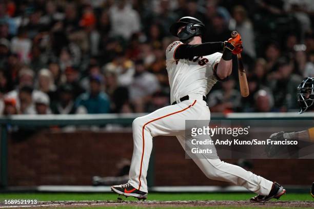 Mitch Haniger of the San Francisco Giants at bat in a game against the San Diego Padres at Oracle Park on September 25, 2023 in San Francisco,...
