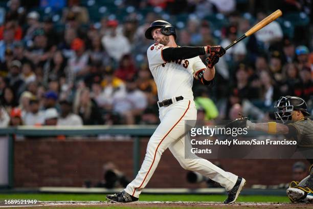 Austin Slater of the San Francisco Giants in a game against the San Diego Padres at Oracle Park on September 25, 2023 in San Francisco, California.
