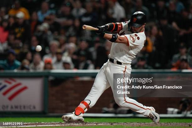 Michael Conforto of the San Francisco Giants at bat in a game against the San Diego Padres at Oracle Park on September 25, 2023 in San Francisco,...