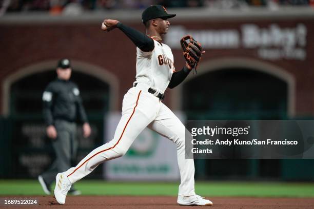 Marco Luciano of the San Francisco Giants in a game against the San Diego Padres at Oracle Park on September 25, 2023 in San Francisco, California.