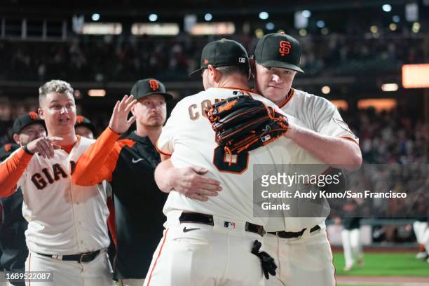 Logan Webb of the San Francisco Giants celebrates a win against the San Diego Padres at Oracle Park on September 25, 2023 in San Francisco,...