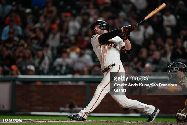 Austin Slater of the San Francisco Giants at bat in a game against the San Diego Padres at Oracle Park on September 25, 2023 in San Francisco,...