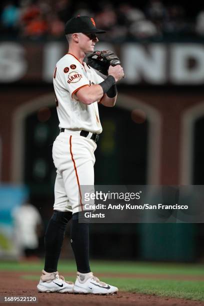 Tyler Fitzgerald of the San Francisco Giants in a game against the San Diego Padres at Oracle Park on September 25, 2023 in San Francisco, California.