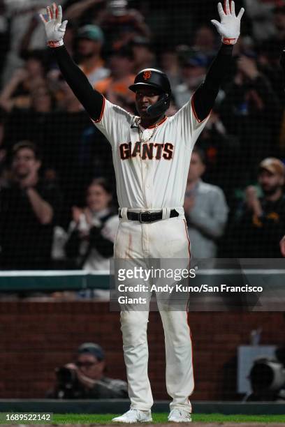 Marco Luciano of the San Francisco Giants in a game against the San Diego Padres at Oracle Park on September 25, 2023 in San Francisco, California.