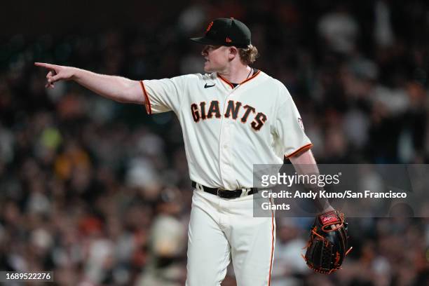 Logan Webb of the San Francisco Giants in a game against the San Diego Padres at Oracle Park on September 25, 2023 in San Francisco, California.
