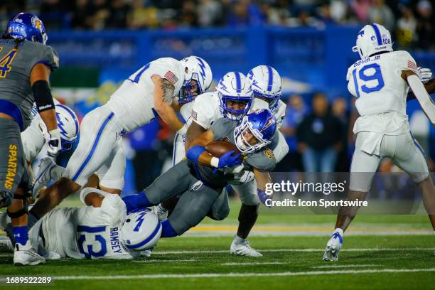 San Jose State Spartans RB Kairee Robinson gets stopped on a 4th down attempt late in the game between the Air Force Falcons and the San Jose State...