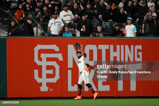 Luis Matos of the San Francisco Giants in a game against the San Diego Padres at Oracle Park on September 25, 2023 in San Francisco, California.