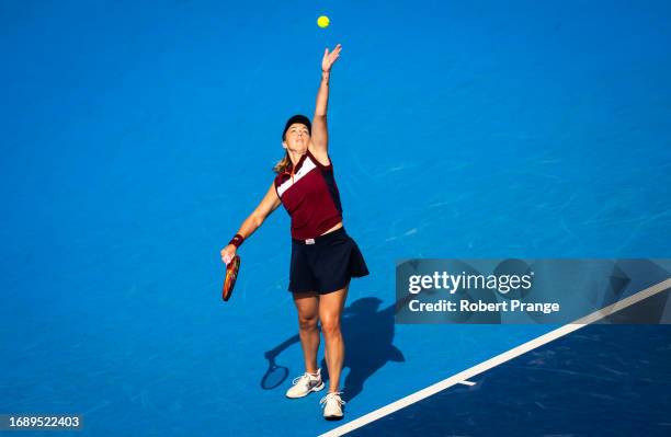 Anastasia Pavlyuchenkova in action against Donna Vekic of Croatia during the first round on Day 2 of the Toray Pan Pacific Open at Ariake Coliseum on...