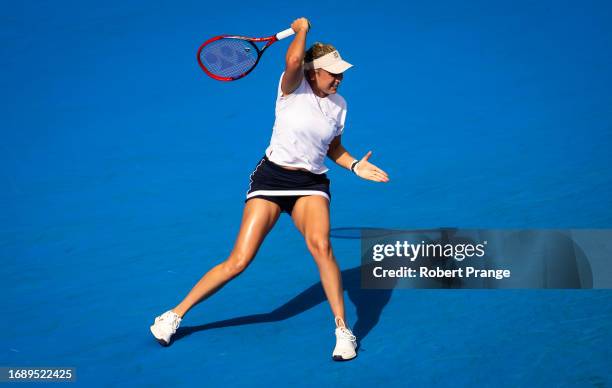 Donna Vekic of Croatia in action against Anastasia Pavlyuchenkova during the first round on Day 2 of the Toray Pan Pacific Open at Ariake Coliseum on...