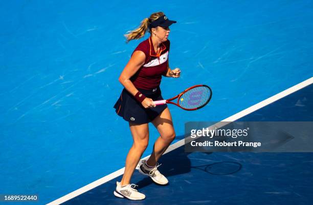 Anastasia Pavlyuchenkova in action against Donna Vekic of Croatia during the first round on Day 2 of the Toray Pan Pacific Open at Ariake Coliseum on...