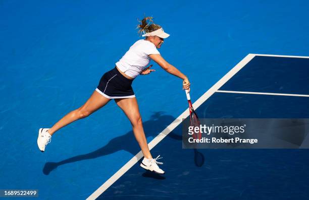 Donna Vekic of Croatia in action against Anastasia Pavlyuchenkova during the first round on Day 2 of the Toray Pan Pacific Open at Ariake Coliseum on...