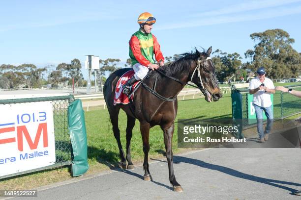 Jarrod Lorensini returns to scale on Space Equity after winning the Mackays Family Jewellers BM58 Handicap at Horsham Racecourse on September 26,...