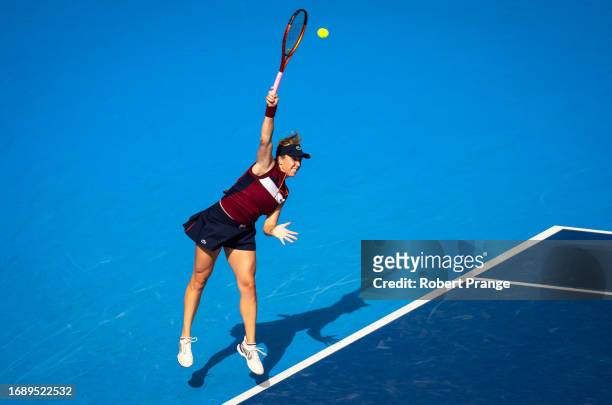 Anastasia Pavlyuchenkova in action against Donna Vekic of Croatia during the first round on Day 2 of the Toray Pan Pacific Open at Ariake Coliseum on...