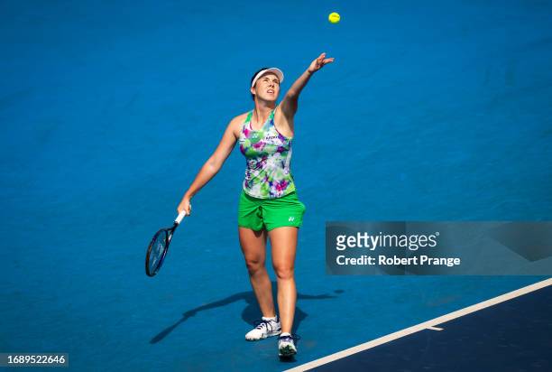 Linda Noskova of the Czech Republic in action against Himeno Sakatsume of Japan during the first round on Day 2 of the Toray Pan Pacific Open at...