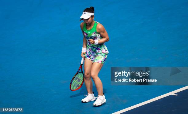 Himeno Sakatsume of Japan in action against Linda Noskova of the Czech Republic during the first round on Day 2 of the Toray Pan Pacific Open at...