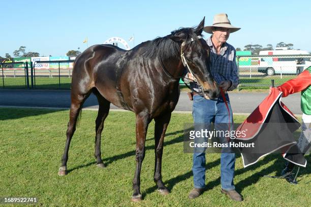 Lindsay Cadzow with Space Equity after winning the Mackays Family Jewellers BM58 Handicap at Horsham Racecourse on September 26, 2023 in Horsham,...