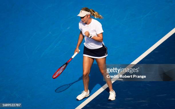 Donna Vekic of Croatia in action against Anastasia Pavlyuchenkova during the first round on Day 2 of the Toray Pan Pacific Open at Ariake Coliseum on...