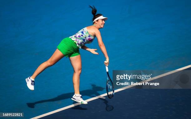 Linda Noskova of the Czech Republic in action against Himeno Sakatsume of Japan during the first round on Day 2 of the Toray Pan Pacific Open at...