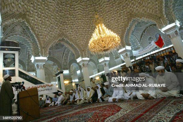 Sheikh Adel Salam al-Qubaisi speaks to other Sunni Muslim clerics and tribal leaders during a meeting held at the Abu Hanifa mosque in Baghdad 31...