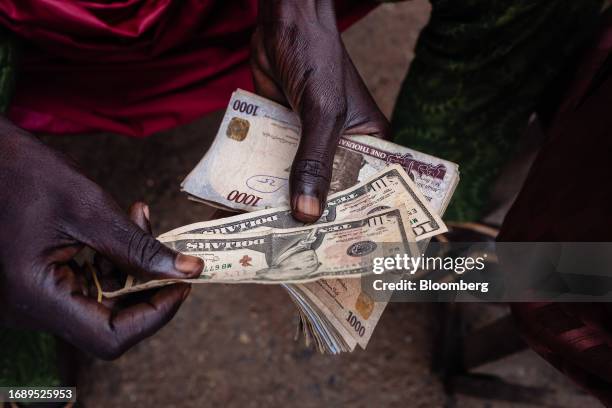 Street currency dealer holds US 10 dollar banknotes and bundles of Nigerian 1000 naira banknotes at a market in Lagos, Nigeria, on Monday, Sept. 25,...