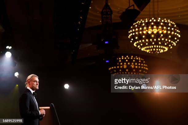 Darcy Moore of the Magpies speaks during the 2023 Brownlow Medal at Crown Palladium on September 25, 2023 in Melbourne, Australia.