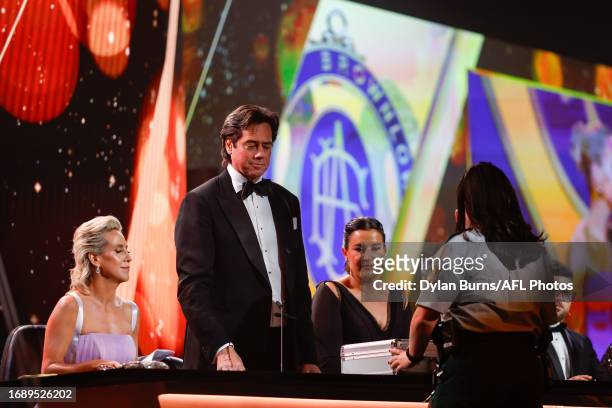 Gillon McLachlan, Chief Executive Officer of the AFL are seen as the votes arrive during the 2023 Brownlow Medal at Crown Palladium on September 25,...