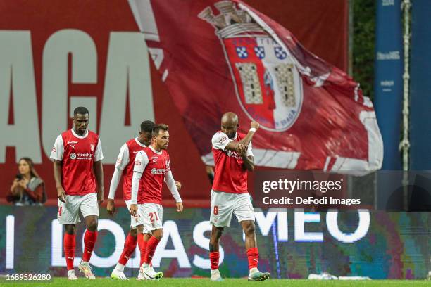 Al Musrati of Braga celebrates the 3rd goal during the Liga Portugal match between Sporting Braga and Boavista at Estadio Municipal de Braga on...