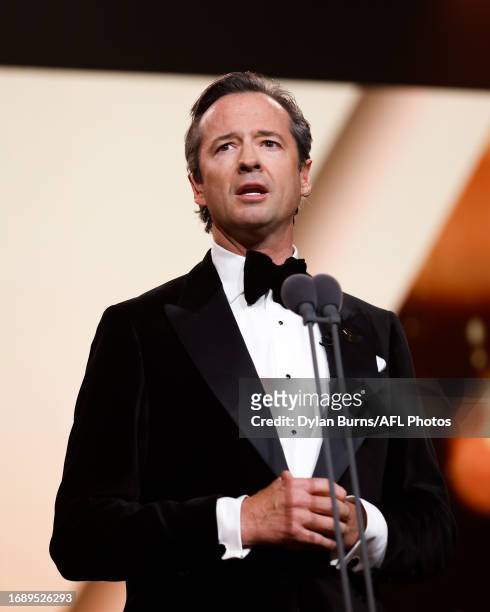 Host Hamish McLachlan speaks during the 2023 Brownlow Medal at Crown Palladium on September 25, 2023 in Melbourne, Australia.