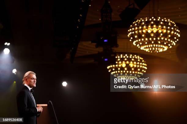 Darcy Moore of the Magpies speaks during the 2023 Brownlow Medal at Crown Palladium on September 25, 2023 in Melbourne, Australia.